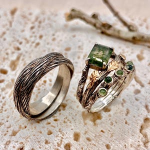 Anillos de boda de plata de ley con forma de rama de árbol, tallados a mano con textura de corteza, ágata musgosa natural, juego de anillos de compromiso de pareja con ramitas