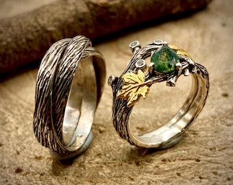 Alianças de casamento em prata de lei com ágata musgosa natural: padrões de árvores esculpidos à mão, faixa com folha de bordo e galho, conjunto de alianças para casal com galho e pedra.