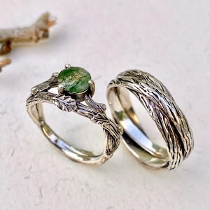 Anillos de boda de plata de ley con diseño de ramas de árboles; anillos de pareja de ágata musgosa natural con diseño de hojas de roble, anillos de promesa para parejas, anillos a juego con diseño de ramitas inspiradas en la naturaleza.
