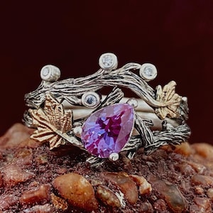 Natural Alexandrite ring set, Pear cut engagement ring, Twig and leaf ring with stone, Wedding ring, Promise ring, Valentine&#39;s Day gift