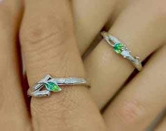 Anéis de prata de lei com galhos para casais, anéis de compromisso ajustáveis com folhas esmaltadas, Dia dos Namorados.