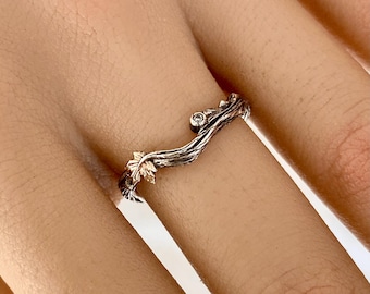 Unique forest branch maple leaf sterling silver ring, hand carved bark ring, vine leaf women's silver ring, anniversary ring, wedding ring