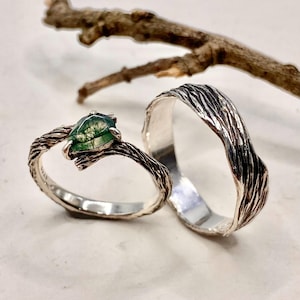 Anillos de pareja con forma de rama de árbol, anillo de ágata musgosa natural, textura de corteza tallada a mano, anillo de San Valentín, anillo de boda/compromiso con ramita.