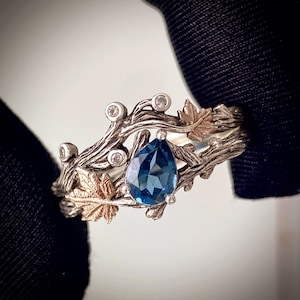 Topas Zweig Silberring, Zweig und Blatt Verlobungsring, Ahornblatt Stapelring, London Blautopas Ring, Baum und Blatt Ring, Verlobten Geschenk