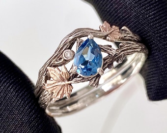 Custom Gemstone Sterling Silver Branch Stacking Ring, London Blue Topaz Btwig Ring, Maple Leaf Engagement Ring, Hand Carved Wedding band