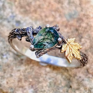 Natural moss agate branch silver ring, nuture inspired forest ring, twig and maple leaf ring, twig ring with stone, pormise ring for her