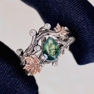Natural moss agate tree branch rings set, S925 sterling silver engagement ring, wedding band, twig ring with stone, twig stacking ring