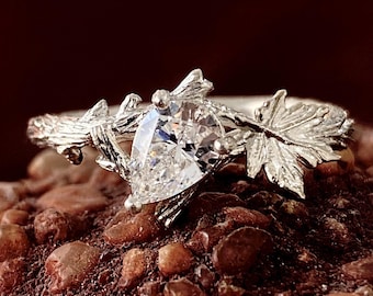 Natural tree branch and Leaf moissanite ring, 925 sterling silver twig band, snow white ring, mother&#39;s Day Gift, nature inspired ring