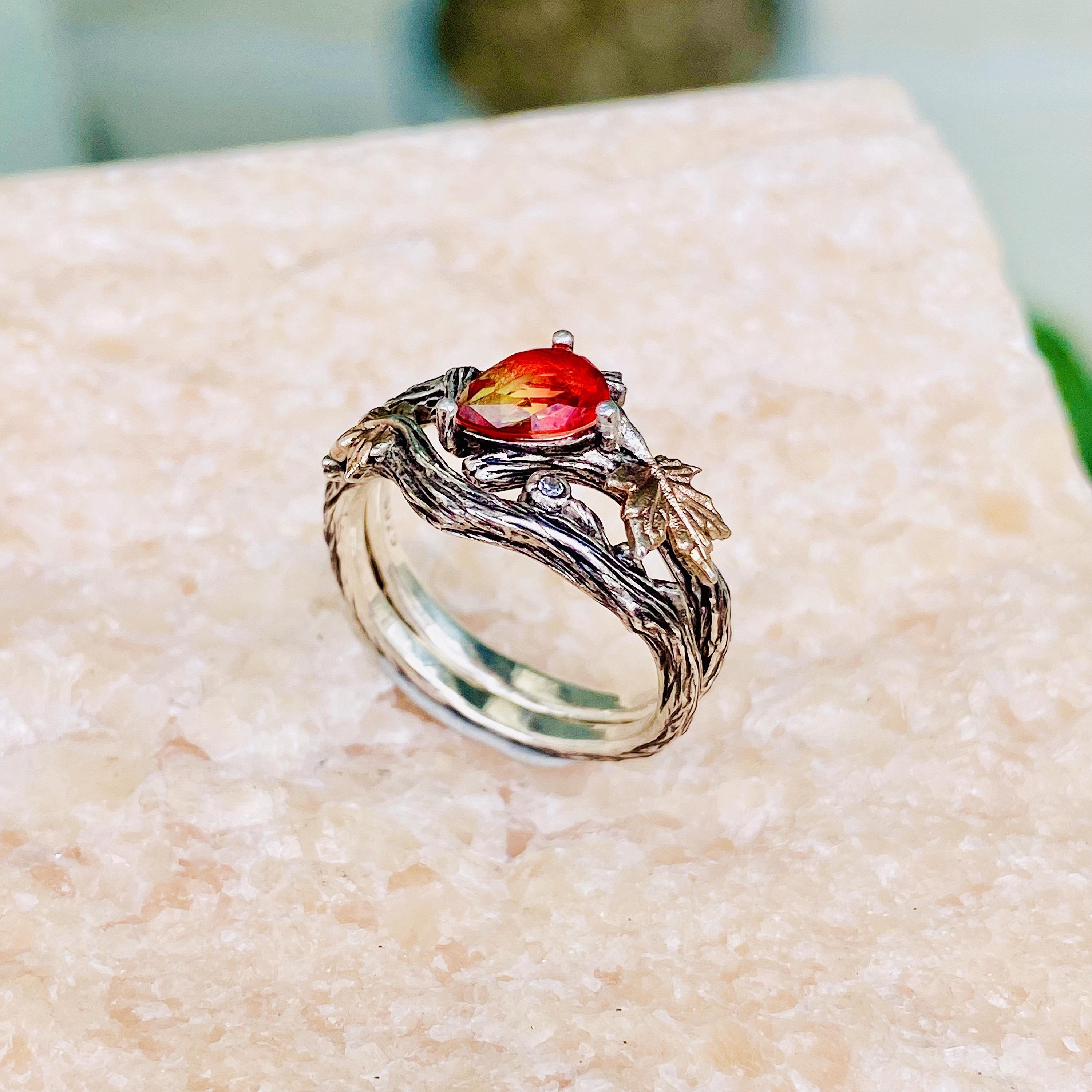 Hand-carved sterling silver watermelon tourmaline branch ring, twig maple leaf wedding ring, stacking engagement ring, bridal ring set