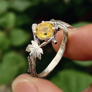 Natürlicher Citrin Sterling Silber Astring, handgeschnitztes Rindenband, Zweig und Ahornblattring, Verlobungsring, Geschenk für Frau