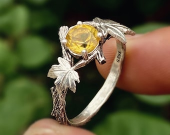 Natural citrine sterling silver tree branch ring, hand carved bark band, twig and maple leaf ring, engagement promise ring, gift for wife