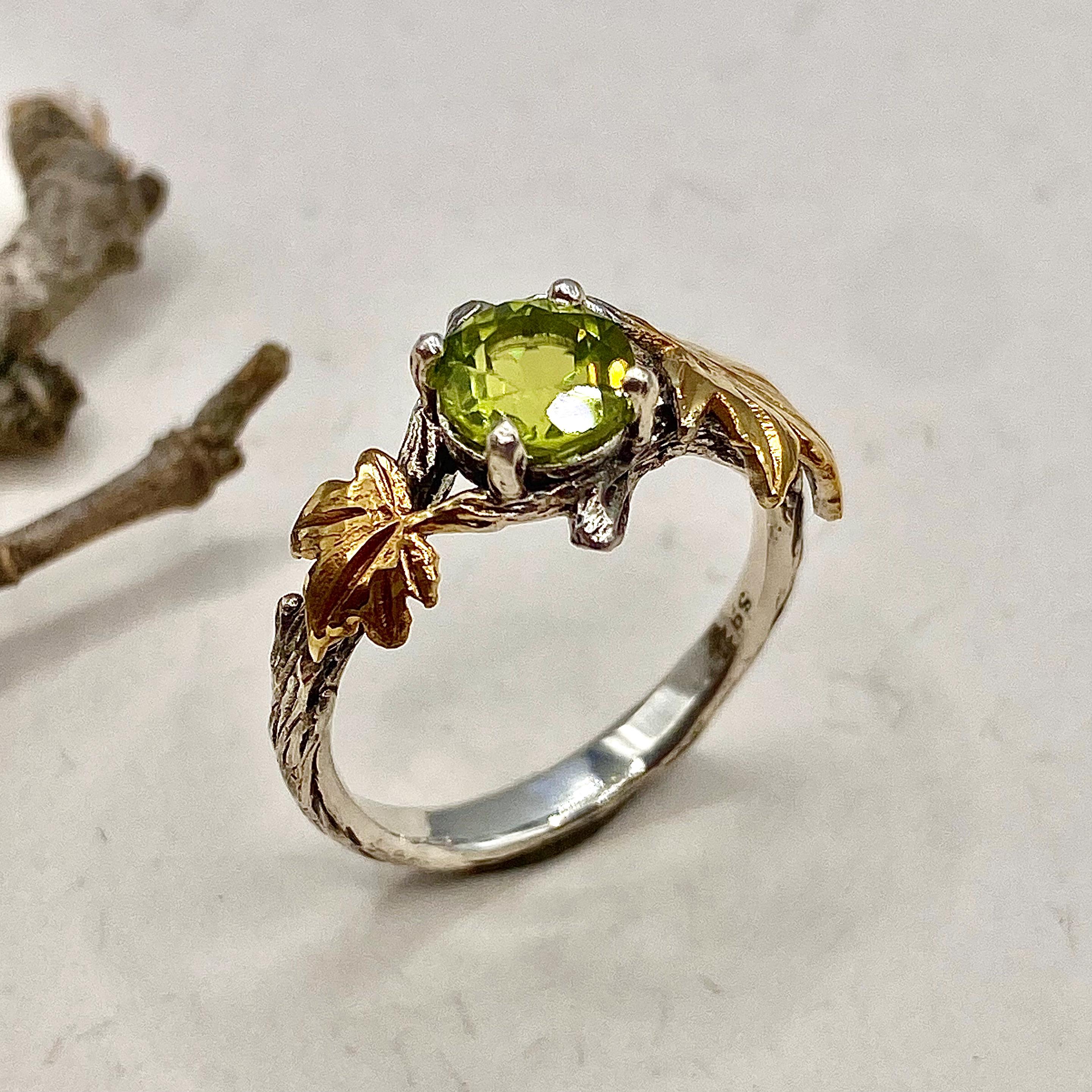Natural Peridot Tree Branch Silver Ring, Twig and Leaf Ring 