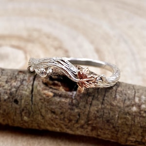 Astring, Sterlingsilber-Ast-Verlobungsring, Versprechensring, handgeschnitzter Ast- und Ahornblattring, stapelbare Ringe, Ring für Frauen
