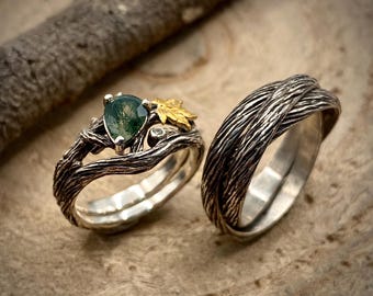 Conjunto de alianças de casamento em prata de lei com ágata musgosa, anéis em formato de galho de árvore, casca de madeira, casal, floresta