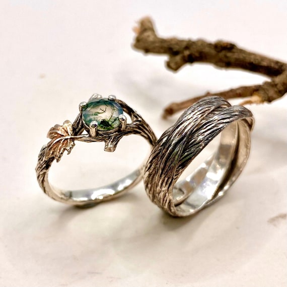 Wood bark Silver couple rings set his and hers, Her moss agate branch ring and His flat tree band in forest style, twig and maple leaf ring