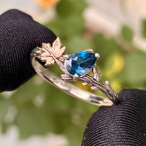 Natürliche London Blue Topas Zweig Silberring, S925 Sterling Silber Ahornblatt Ehering, Edelstein kundenspezifische Ring, Zweigring mit Stein