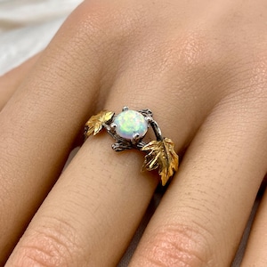 Opal und Ahornblatt Sterling Silber Ring, handgefertigter Zweig Ring mit Stein, Oktober Geburtsstein Ring, handgefertigter Ehering für Frauen