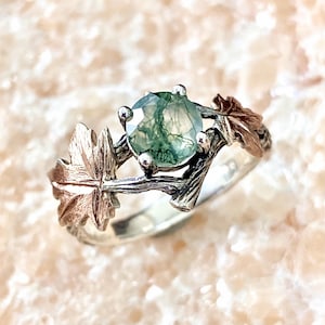 Natürlicher Moosachat Ring, Birnenschnitt Verlobungsring, Zweig und Ahornblatt Moosachat Ring Ehering Versprechensring Valentinstag Geschenk