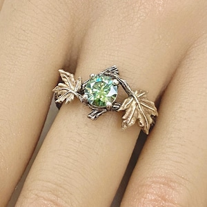 0.8 Karat grüner Moissanit-Ring, Zweigring, Ahornblattring, Sterlingsilberring für die Verlobung, Zweigring