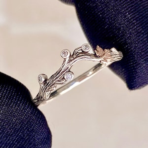 Benutzerdefinierte Hand geschnitzten Zweig und Ahornblatt Ring, Sterling Silber Frauen Zweig Ring, natürliche Verlobungsring, Rebe Blatt Ring, Versprechen Ring
