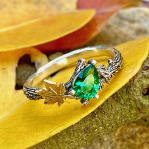 Hand geschnitzter Zweig und Ahornblatt Silberring, Ahornblatt Zweig Ring mit Stein
