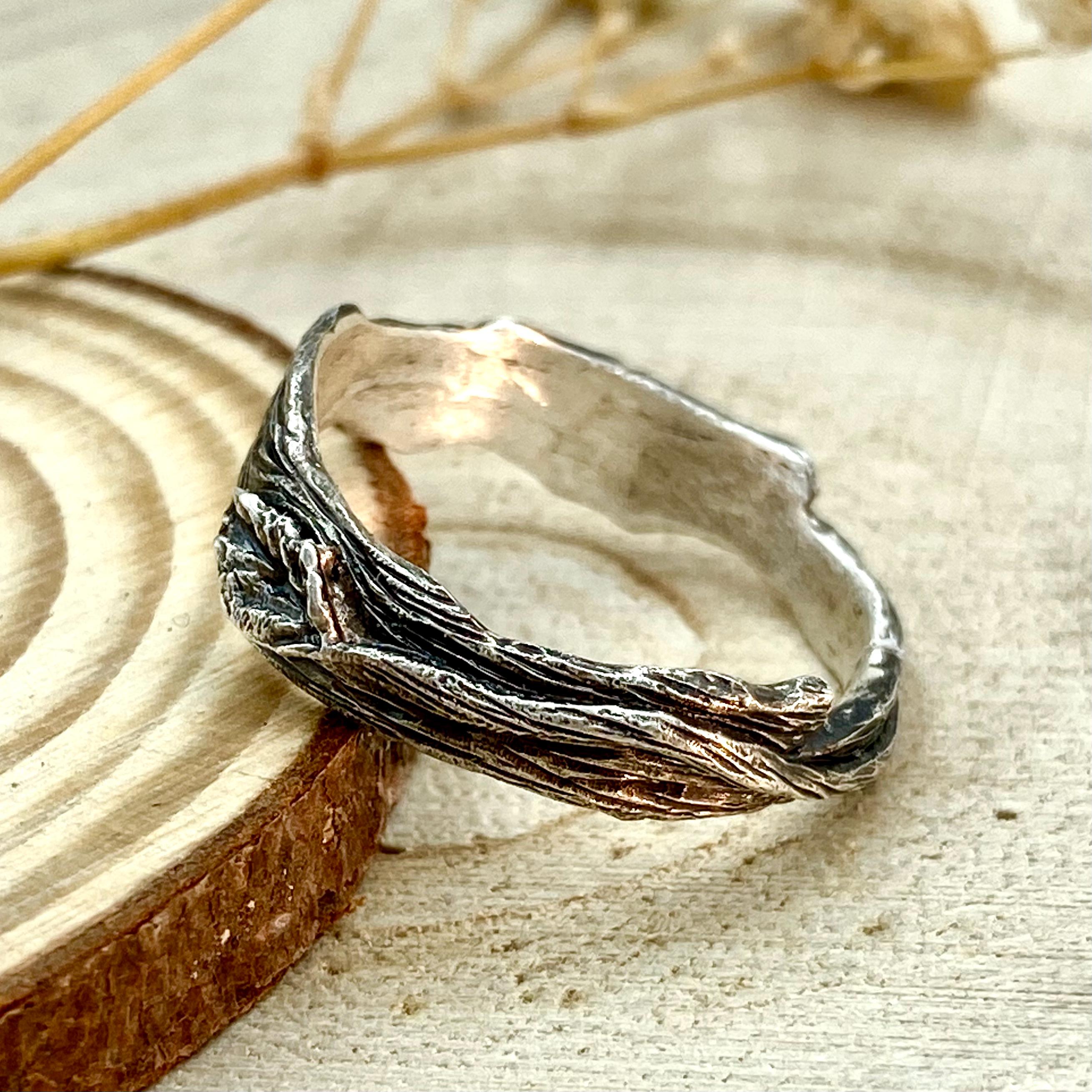 S925 sterling silver unique tree branch ring, hand-carved original vintage bark ring, twig and leaf band, ring for her, Mother's Day gift
