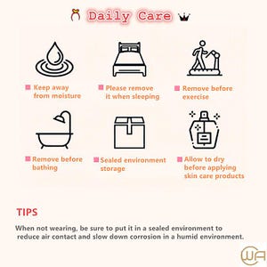 Pode incluir: Um gr&aacute;fico informativo intitulado Daily Care com seis &iacute;cones de linha preta ilustrando o cuidado com joias: manter longe da umidade, remover ao dormir, remover antes de exerc&iacute;cios, remover antes do banho, armazenamento selado e secar antes de aplicar produtos.