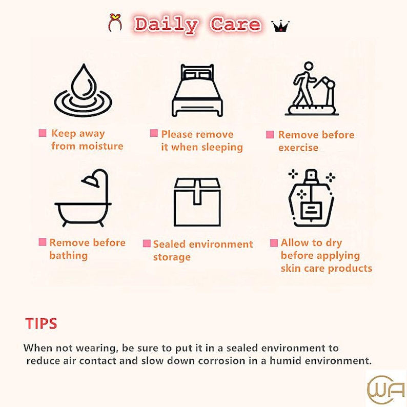 Pode incluir: Um gr&aacute;fico informativo intitulado Daily Care com seis &iacute;cones de linha preta ilustrando o cuidado com joias: manter longe da umidade, remover ao dormir, remover antes de exerc&iacute;cios, remover antes do banho, armazenamento selado e secar antes de aplicar produtos.