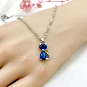 Sterling silver cat necklace, blue kitten pendant necklace, sapphire cat necklace, cute kitten necklace, cat lover necklace, gifts for her