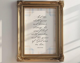 Vintage Plaid Christian Nursery Wall Art - Luke 2:40 Bible Verse in English & Spanish, Español, Nursery Decor, Baby Digital Print, Baby Gift