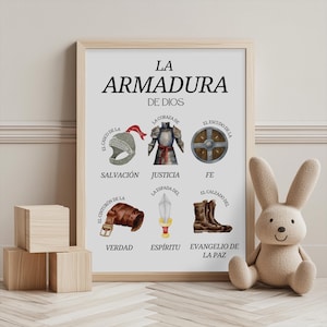 Arte de parede bilíngue La Armadura de Dios | Impressão digital em espanhol e inglês para crianças | Decoração cristã para sala de jogos, berçário, arte baseada na fé