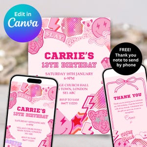 Modelo de convite para festa rosa preppy | Design Canva editável | Download digital para impressão para aniversário, chá de panela