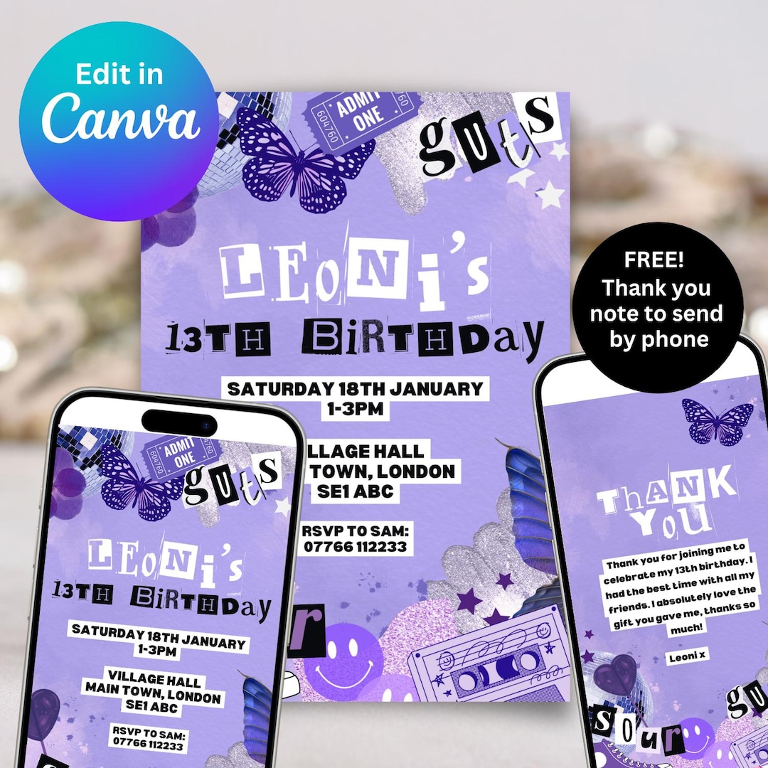 Olivia Rodrigo Inspired Birthday Party Invitation Editable Canva