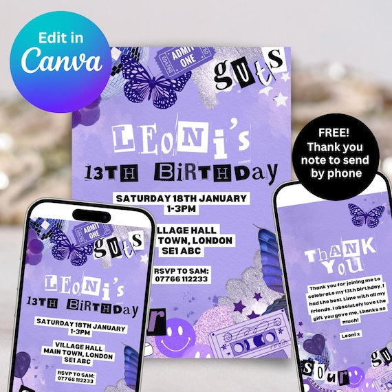 Olivia Rodrigo inspired Birthday Party Invitation | Editable Canva Template | Digital Download | Customisable Kids/Teen Party Invite