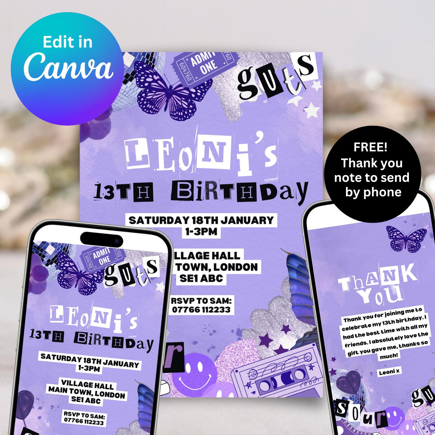 Olivia Rodrigo Inspired Birthday Party Invitation | Editable Canva ...