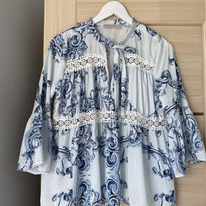 リナシメント ボヘミアン ブループリント サテンブラウス サイズS