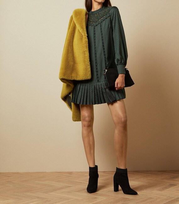 green emerald velvet dress Dark Green Long Sleeve Satin Skirt Midi Dress | Alfeios main image 0