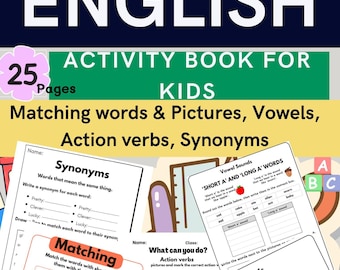 Puede incluir: Un libro de actividades imprimible colorido para niños con páginas para hacer coincidir palabras e imágenes, aprender los sonidos de las vocales, practicar los verbos de acción e identificar sinónimos. El libro incluye ilustraciones de un avión, un veterinario, un bolígrafo, un pincel rojo, un cerdo, un autobús escolar, una mochila, un zorro y un tiburón.