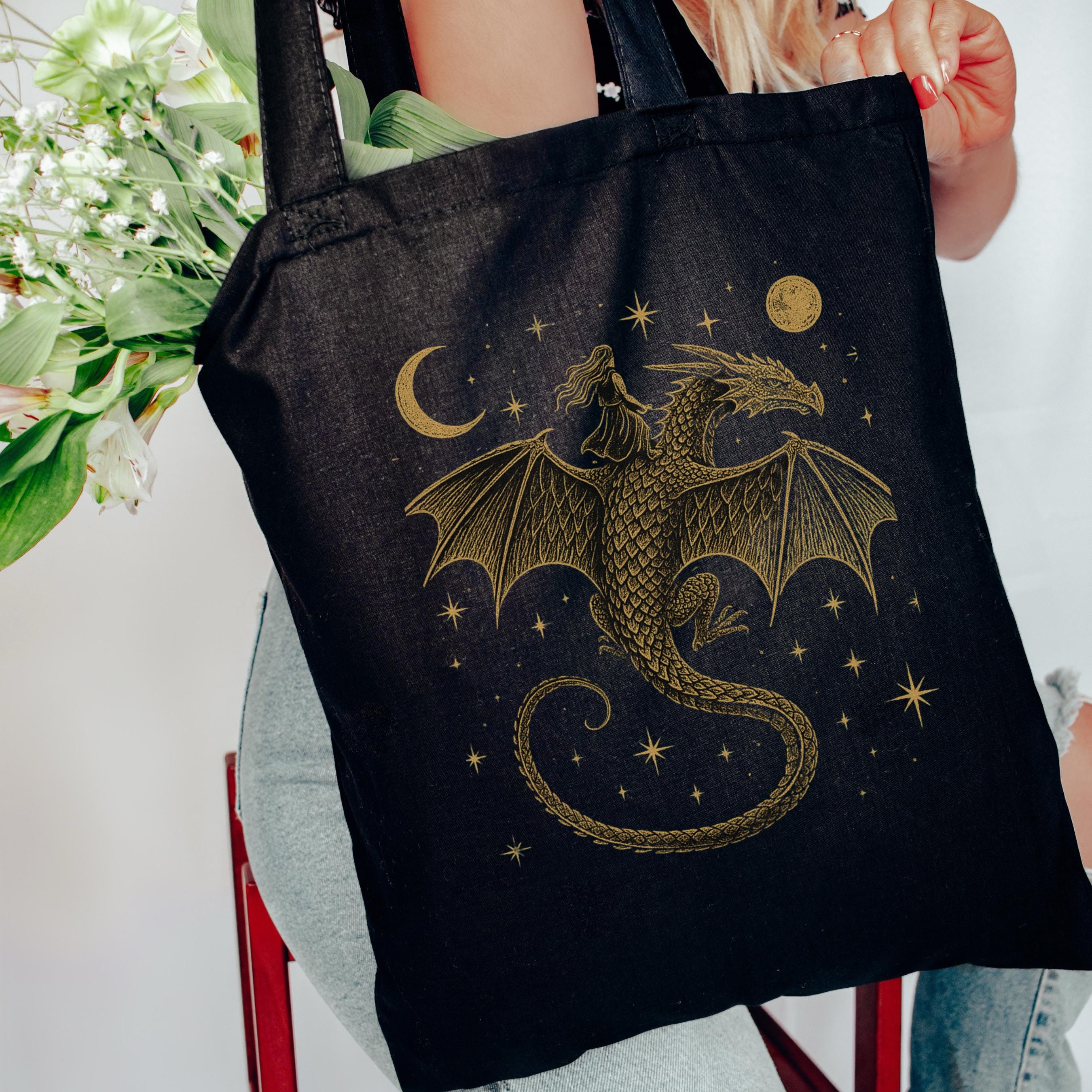 Lady Dragon Rider Cotton Canvas Tote Bag, Book Lover Gift  display picture 3