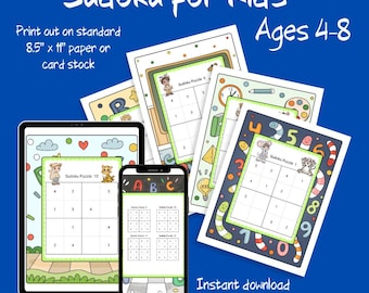 May include: A set of printable Sudoku puzzles for kids, featuring colorful illustrations of animals and a school theme. The puzzles are designed for ages 4-8 and are available as an instant download in PDF format. The text on the image reads "Sudoku for Kids" and "Ages 4-8".