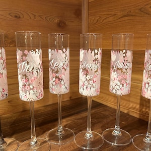 Pu&ograve; includere: Sei fl&ucirc;te da champagne in vetro trasparente con un motivo floreale dipinto a mano nei toni del rosa, bianco e rosso chiaro. Ogni fl&ucirc;te &egrave; personalizzato con un nome in corsivo bianco: Krystal, Iris, Lexi, Sophia, Juliana e Sophia.