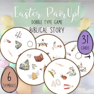 May include: Easter Pair Up! Dobble Type Game - Biblical Story. A set of 31 cards with 6 symbols on each card. The cards are round and have a white background with colorful illustrations.