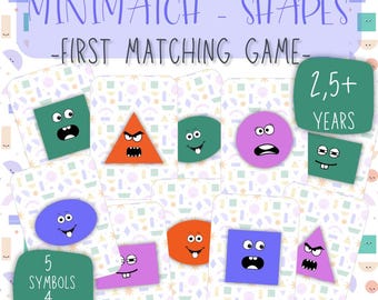 May include: A children's matching game featuring colorful, cartoon-faced shapes. The game includes cards with squares, triangles, circles, and other shapes in various colors. The text on the cards reads "MINIMATCH - SHAPES - FIRST MATCHING GAME" and "2,5+ YEARS".