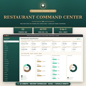 May include: A digital restaurant command center dashboard displayed on a screen, featuring 22 tabs, automated prime cost and P&L tracking, and compatibility with Excel and Google Sheets. The interface shows metrics like revenue, labor costs, and inventory.