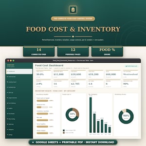 May include: A digital food cost and inventory control system displayed on a screen, featuring a dashboard with data tables, bar charts, and pie charts. The interface includes text labels like Food Cost Dashboard, 14 Connected Tabs, and 12 Printable Pages.