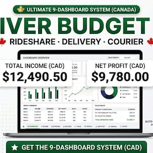 May include: A digital dashboard system for Canadian drivers titled Driver Budget OS, featuring a laptop screen displaying financial data, total income of $12,490.50, net profit of $9,780.00, charts, tax estimates, and icons for rideshare, delivery, and courier services.