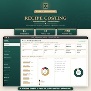 May include: A digital menu profit dashboard interface titled Recipe Costing & Menu Engineering Command Center. The screen displays various metrics including food cost, menu health, and profit data with charts, tables, and text labels in dark green and cream.