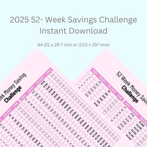 Könnte beinhalten: Eine rosa druckbare Tabelle für eine 52-Wochen-Sparherausforderung. Die Tabelle hat zwei Spalten, eine für die Wochennummer und eine für den Einzahlungsbetrag. Der Einzahlungsbetrag erhöht sich jede Woche, beginnend bei 5 € und endend bei 160 €. Die Tabelle enthält auch eine Spalte für den gesamten angesparten Betrag. Die Tabelle ist mit "52-Wochen-Sparherausforderung" betitelt.