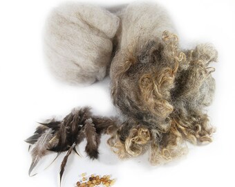 Cotswold curls Furnace Red Rooster Feathers 5 ounces Black Shetland Roving and Silver Beads