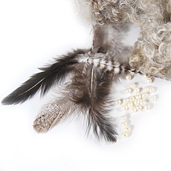 Cotswold curls Furnace Red Rooster Feathers 5 ounces Black Shetland Roving and Silver Beads